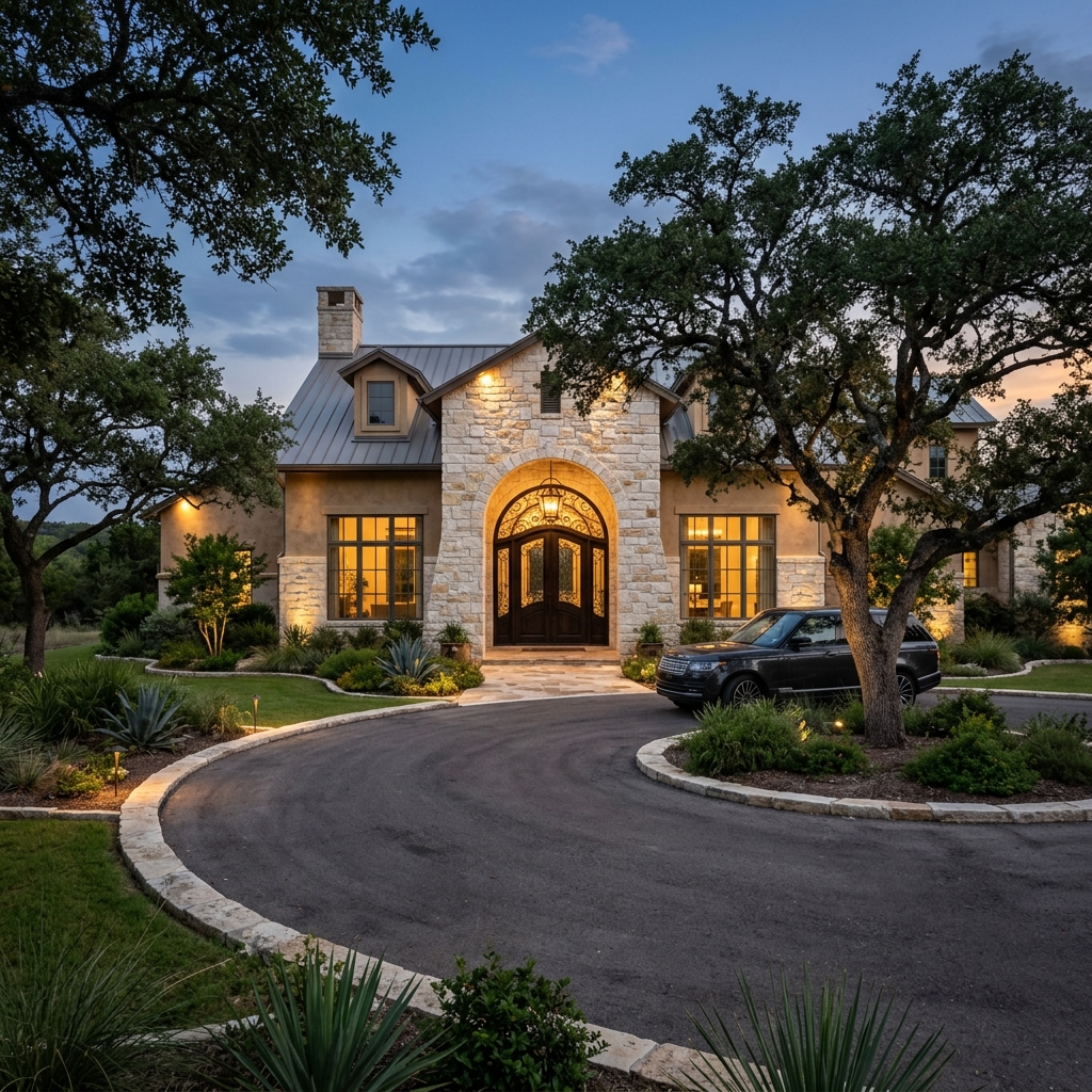 Limestone custom home with arched entry, circular driveway, and live oaks at dusk