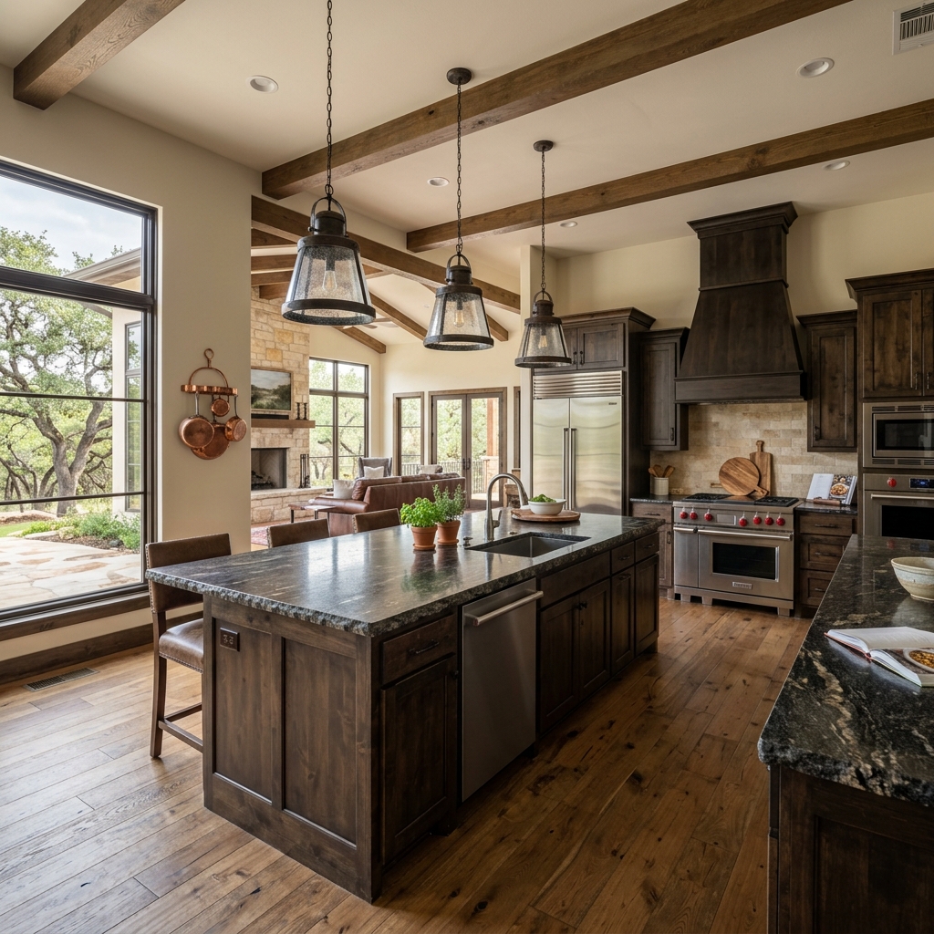 Gourmet kitchen with granite island, wood beams, and pendant lighting